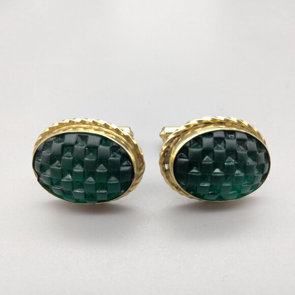 Christian Dior Cuff Links Bullet Style Green Checkered Acrylic Gold Tone VTG 80s - Picture 1 of 5